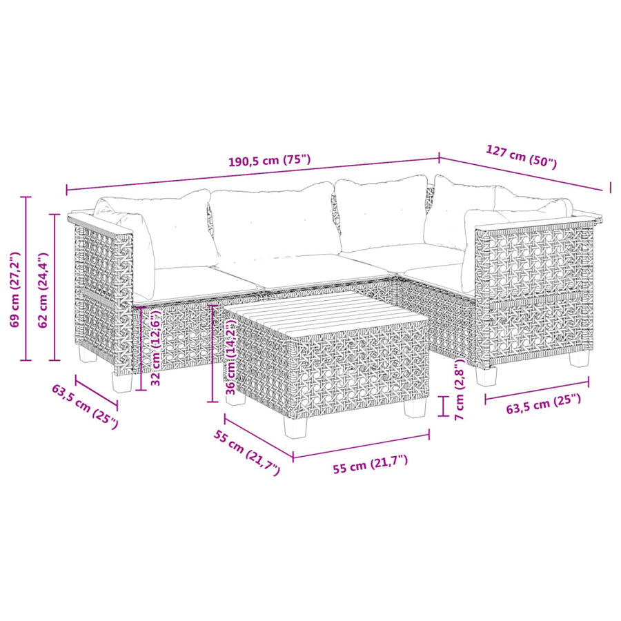 5-delige Loungeset met kussens poly rattan grijs