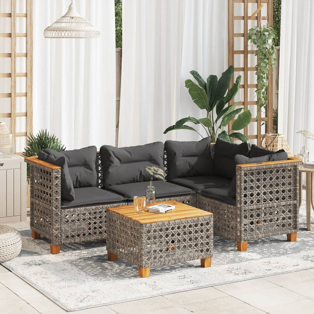 5-delige Loungeset met kussens poly rattan grijs