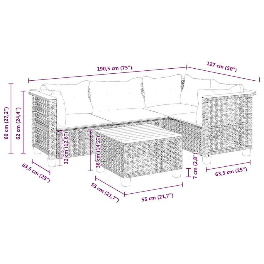 5-Delige Loungeset Met Kussens Poly Rattan Beige 1 gat weven