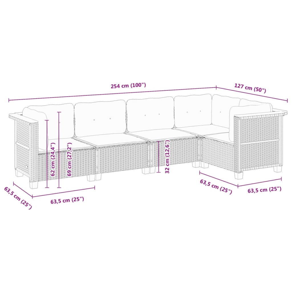 5-delige Loungeset met kussens poly rattan zwart