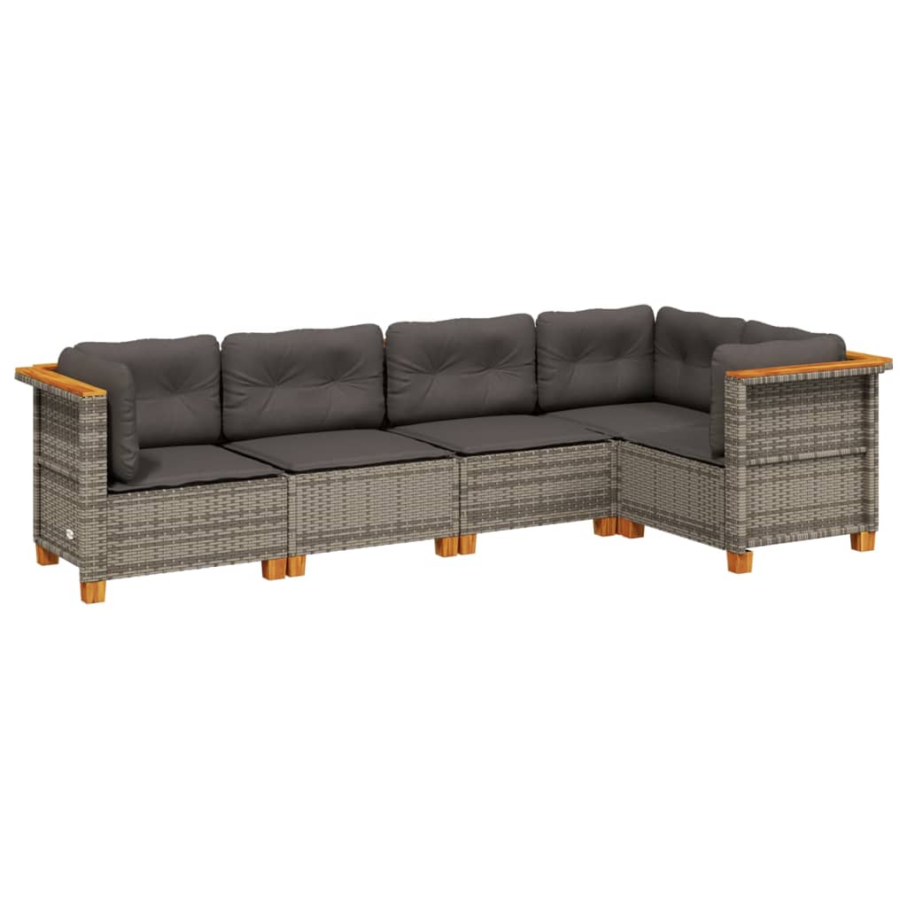 5-delige Loungeset met kussens poly rattan grijs