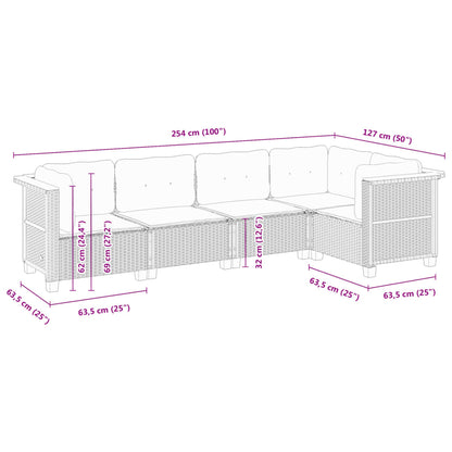 5-delige Loungeset met kussens poly rattan grijs