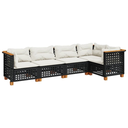 5-delige Loungeset met kussens poly rattan zwart