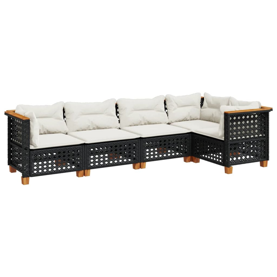5-delige Loungeset met kussens poly rattan zwart
