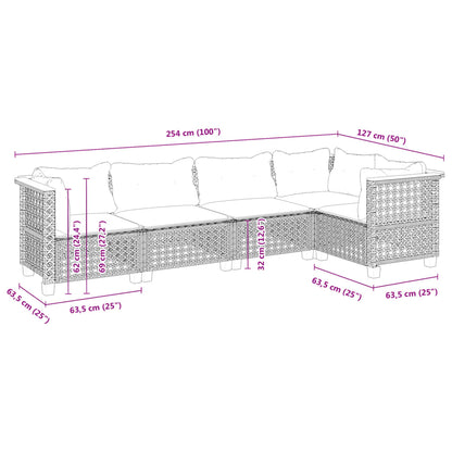 5-delige Loungeset met kussens poly rattan zwart