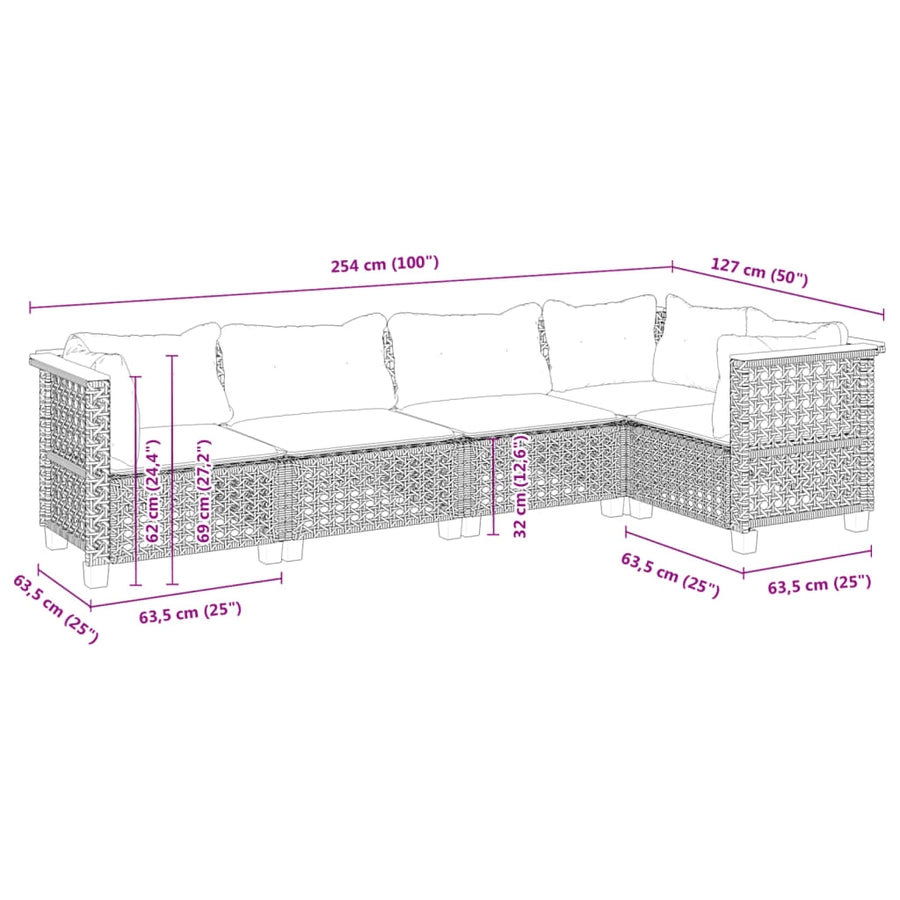 5-delige Loungeset met kussens poly rattan zwart