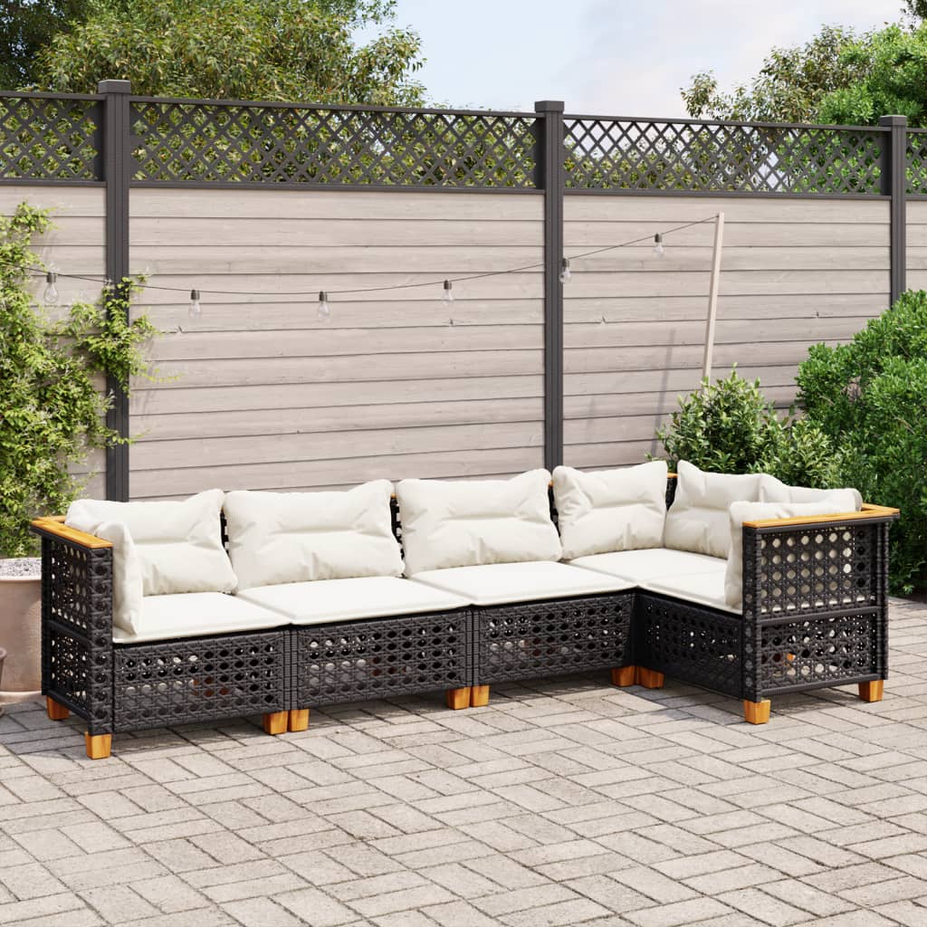 5-delige Loungeset met kussens poly rattan zwart