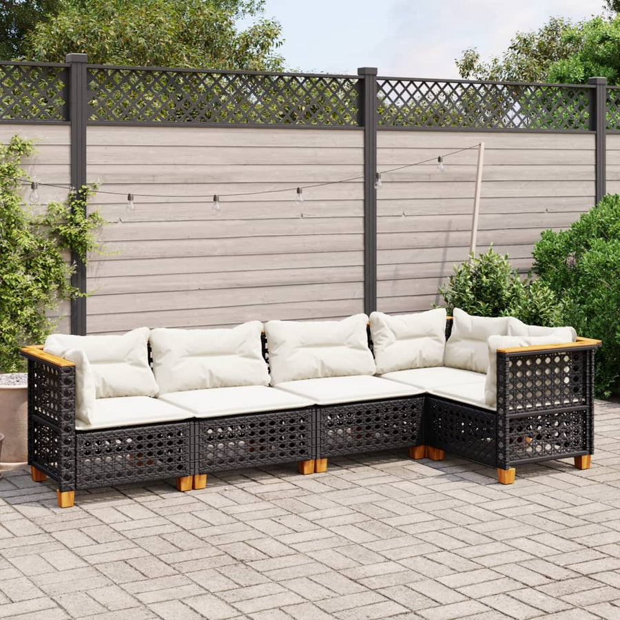 5-delige Loungeset met kussens poly rattan zwart