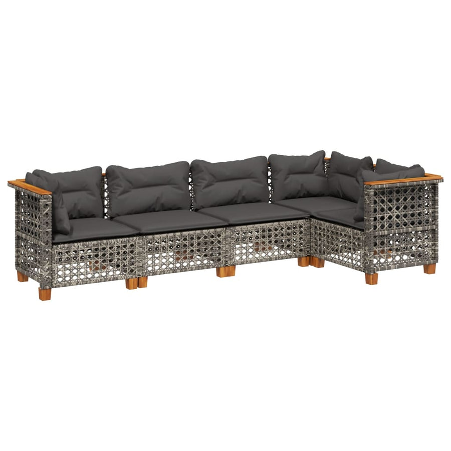 5-delige Loungeset met kussens poly rattan grijs
