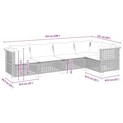 5-delige Loungeset met kussens poly rattan grijs