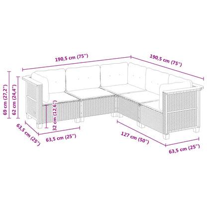 5-delige Loungeset met kussens poly rattan zwart