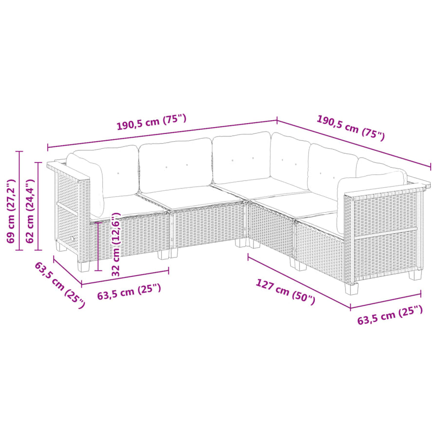 5-delige Loungeset met kussens poly rattan zwart