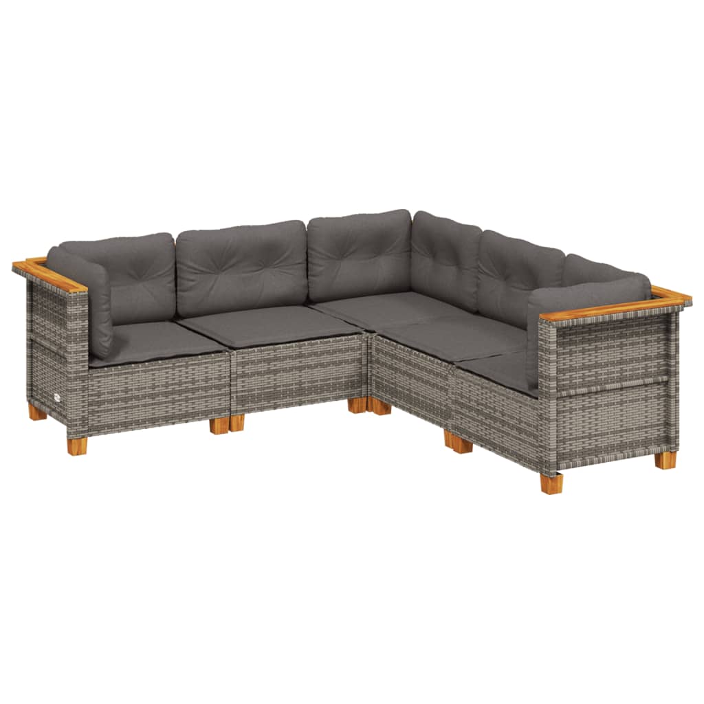 5-delige Loungeset met kussens poly rattan grijs