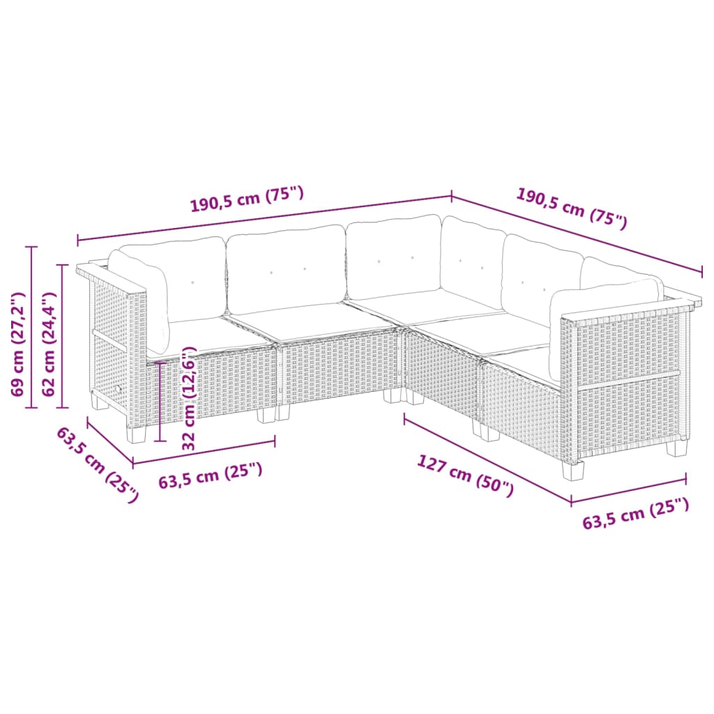 5-delige Loungeset met kussens poly rattan grijs
