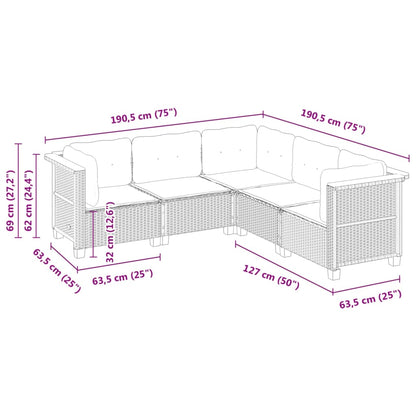 5-delige Loungeset met kussens poly rattan grijs