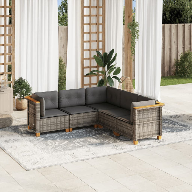 5-delige Loungeset met kussens poly rattan grijs