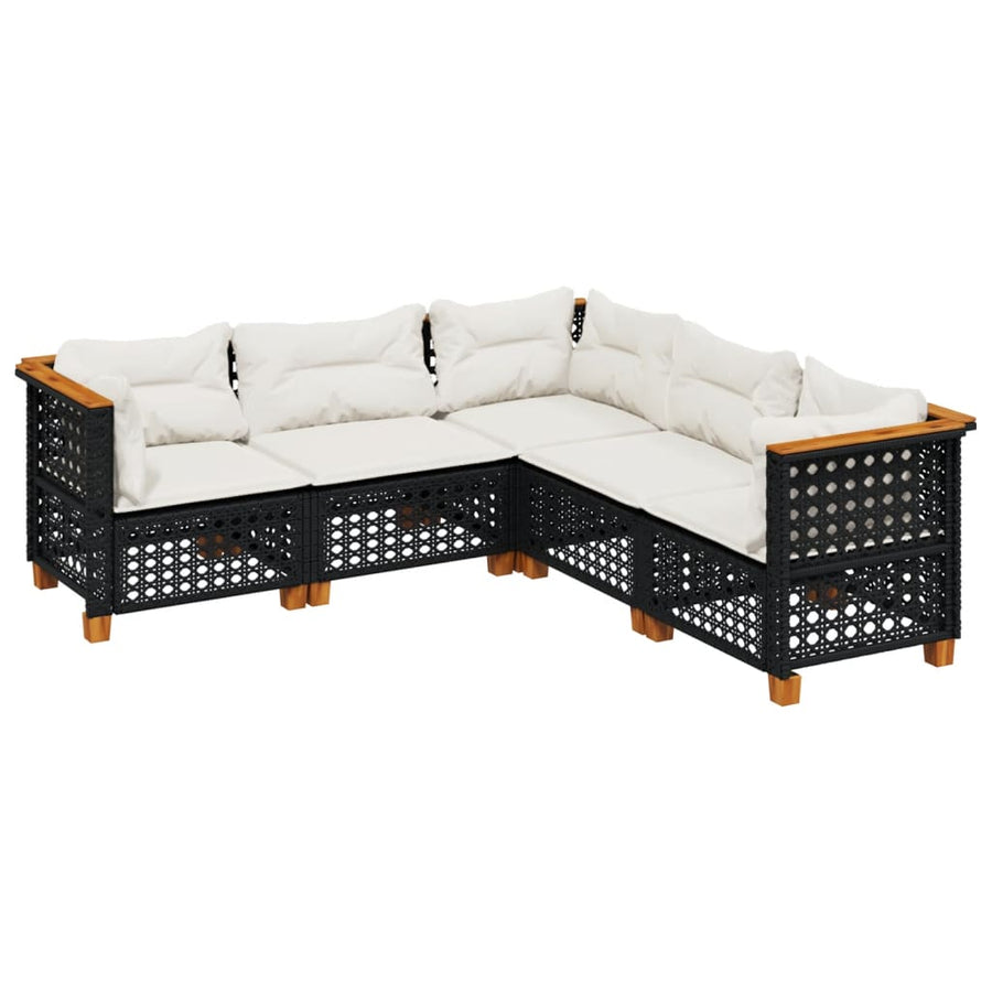 5-delige Loungeset met kussens poly rattan zwart