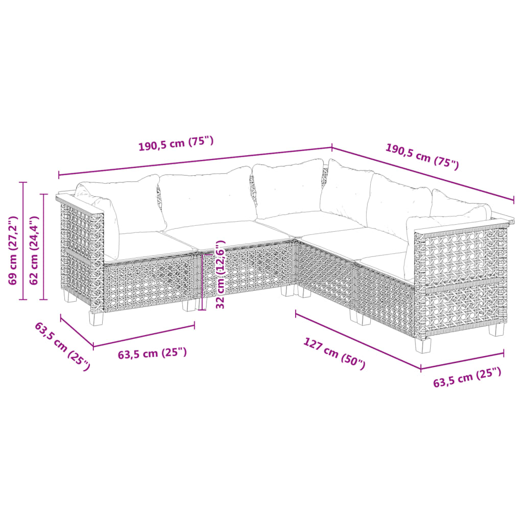 5-delige Loungeset met kussens poly rattan zwart