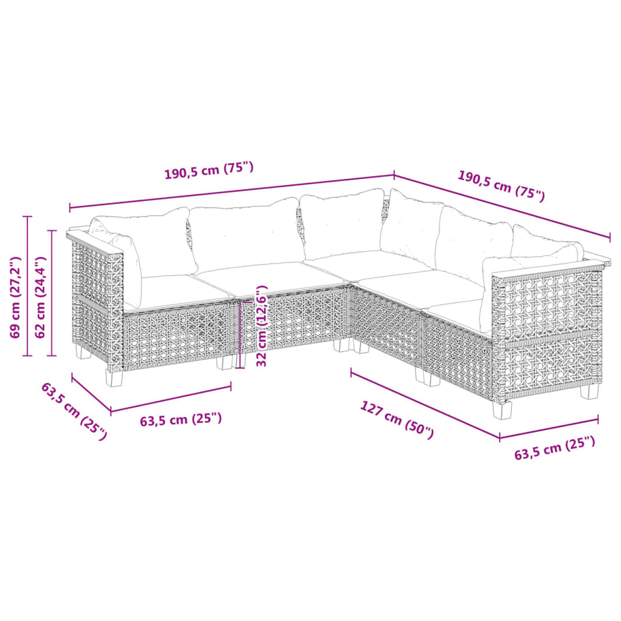 5-delige Loungeset met kussens poly rattan zwart