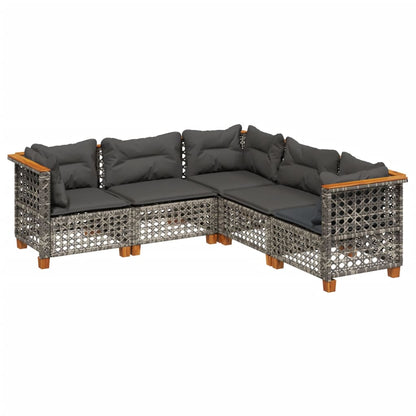 5-delige Loungeset met kussens poly rattan grijs