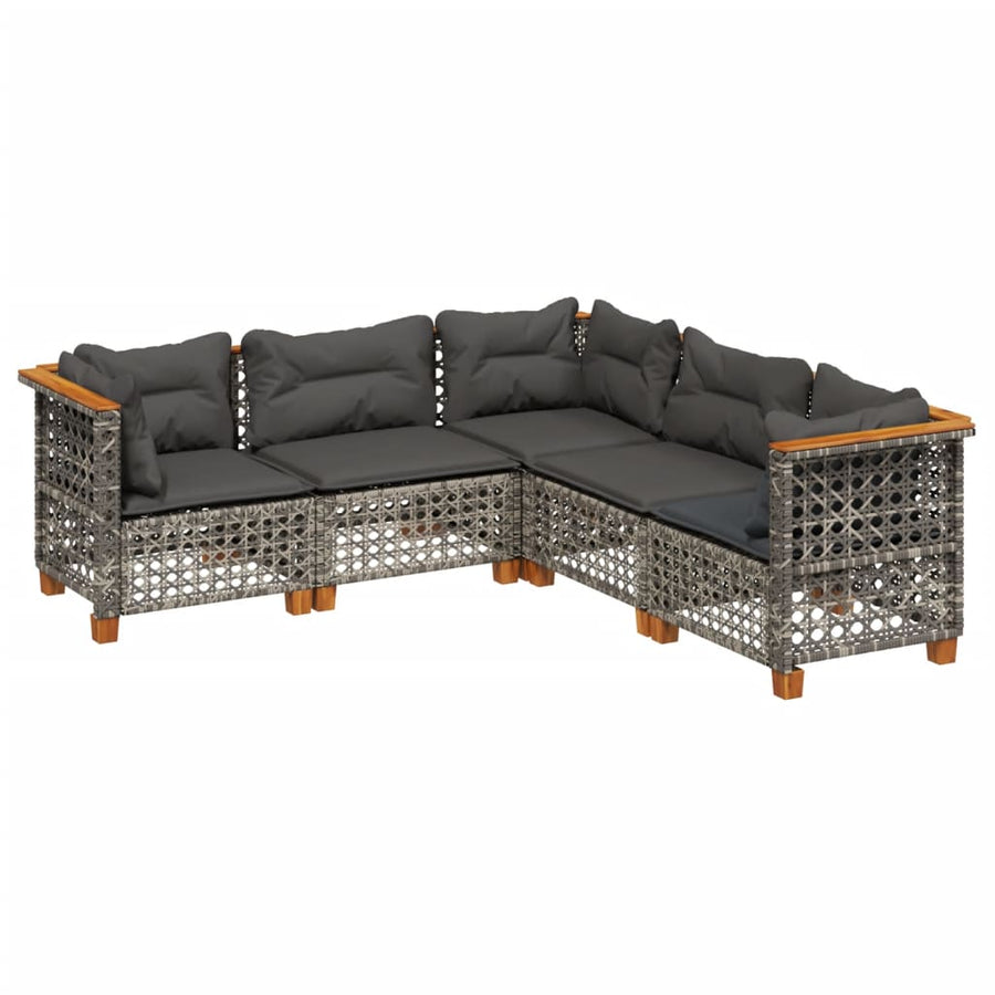 5-delige Loungeset met kussens poly rattan grijs