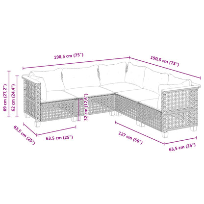 5-delige Loungeset met kussens poly rattan grijs