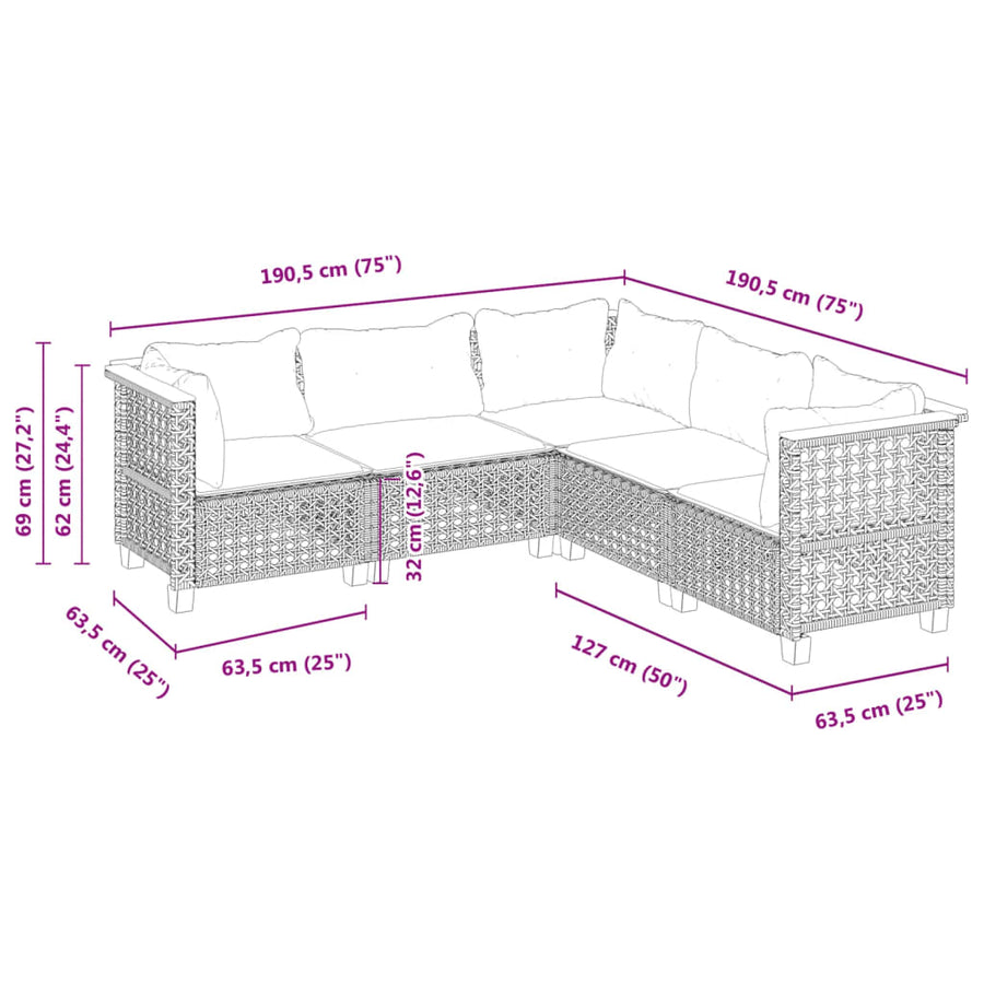 5-delige Loungeset met kussens poly rattan grijs