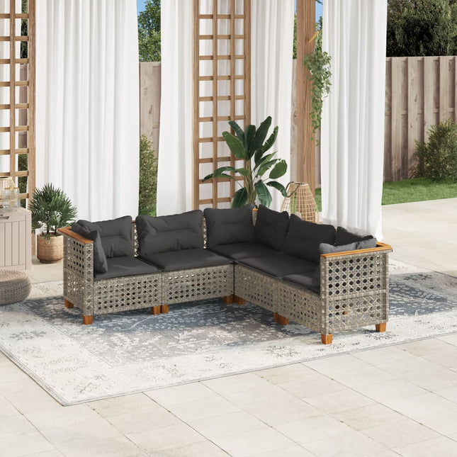 5-delige Loungeset met kussens poly rattan grijs