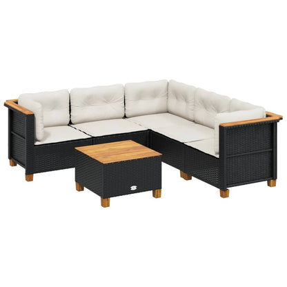 6-delige Loungeset met kussens poly rattan zwart