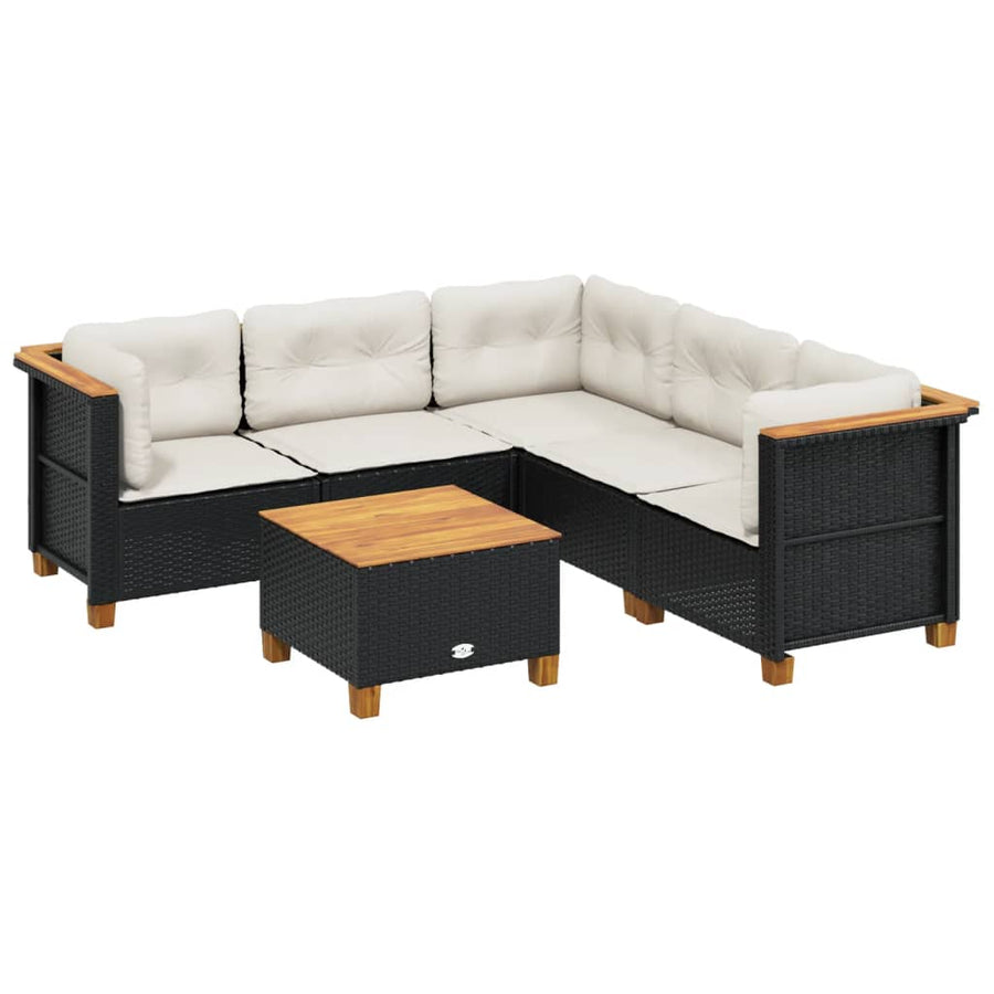 6-delige Loungeset met kussens poly rattan zwart