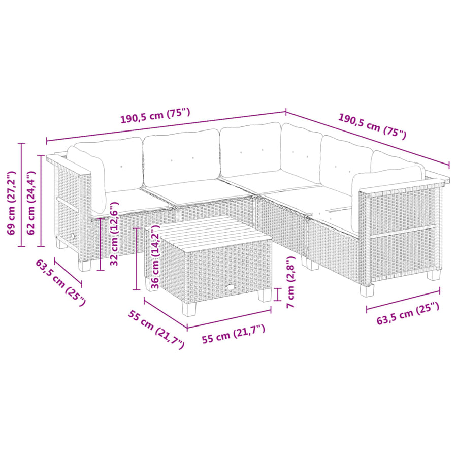 6-delige Loungeset met kussens poly rattan zwart