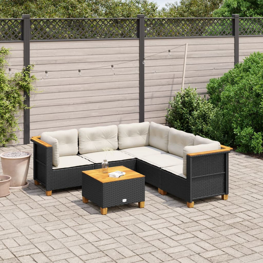 6-delige Loungeset met kussens poly rattan zwart
