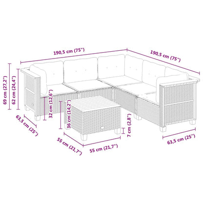 6-delige Loungeset met kussens poly rattan beige