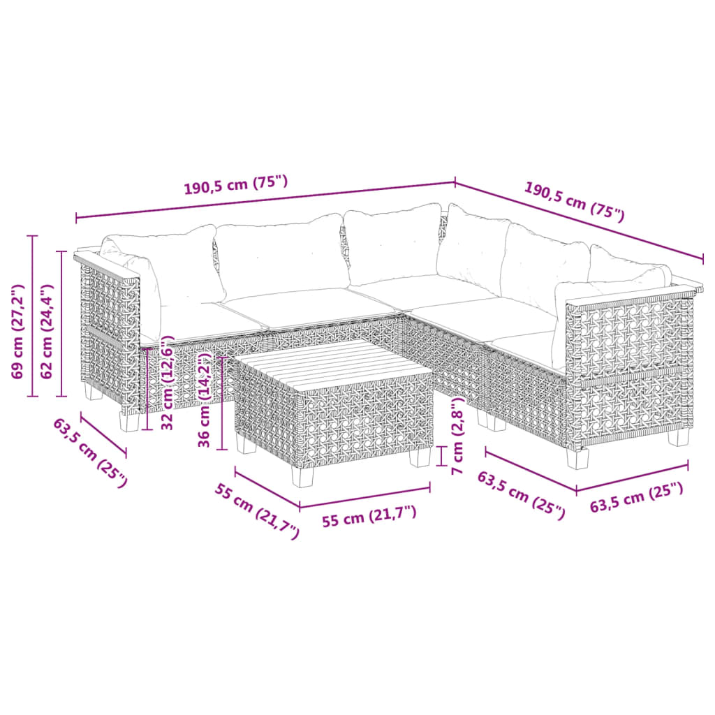 6-delige Loungeset met kussens poly rattan zwart