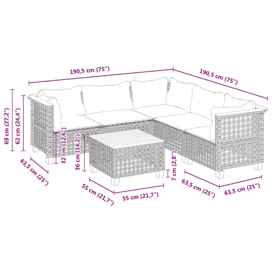 6-delige Loungeset met kussens poly rattan zwart