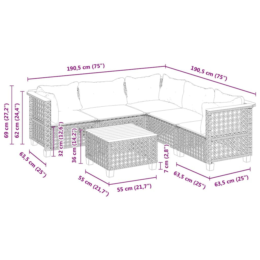 6-Delige Loungeset Met Kussens Poly Rattan Beige 1 gat weven