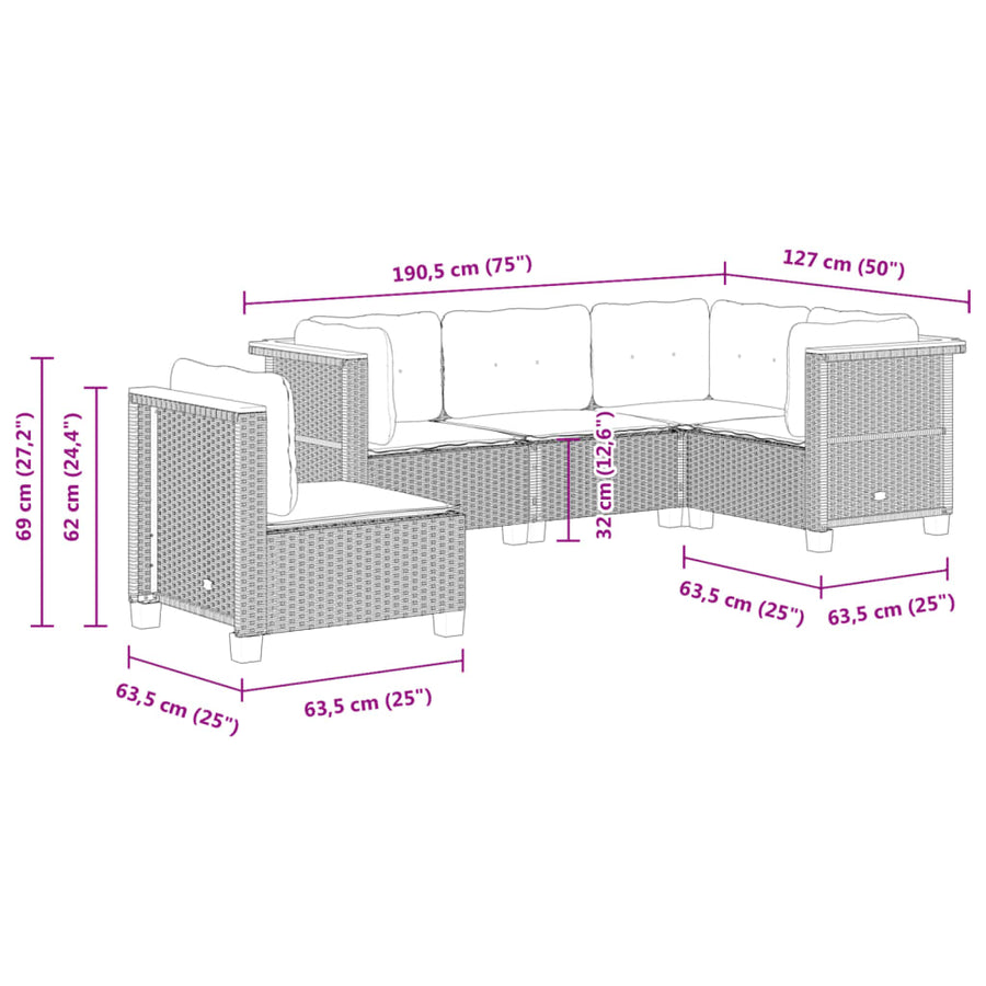 5-delige Loungeset met kussens poly rattan zwart