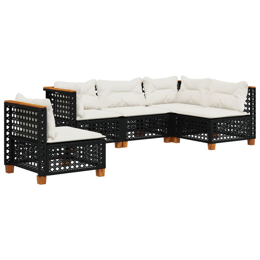 5-delige Loungeset met kussens poly rattan zwart