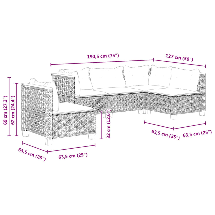 5-delige Loungeset met kussens poly rattan grijs