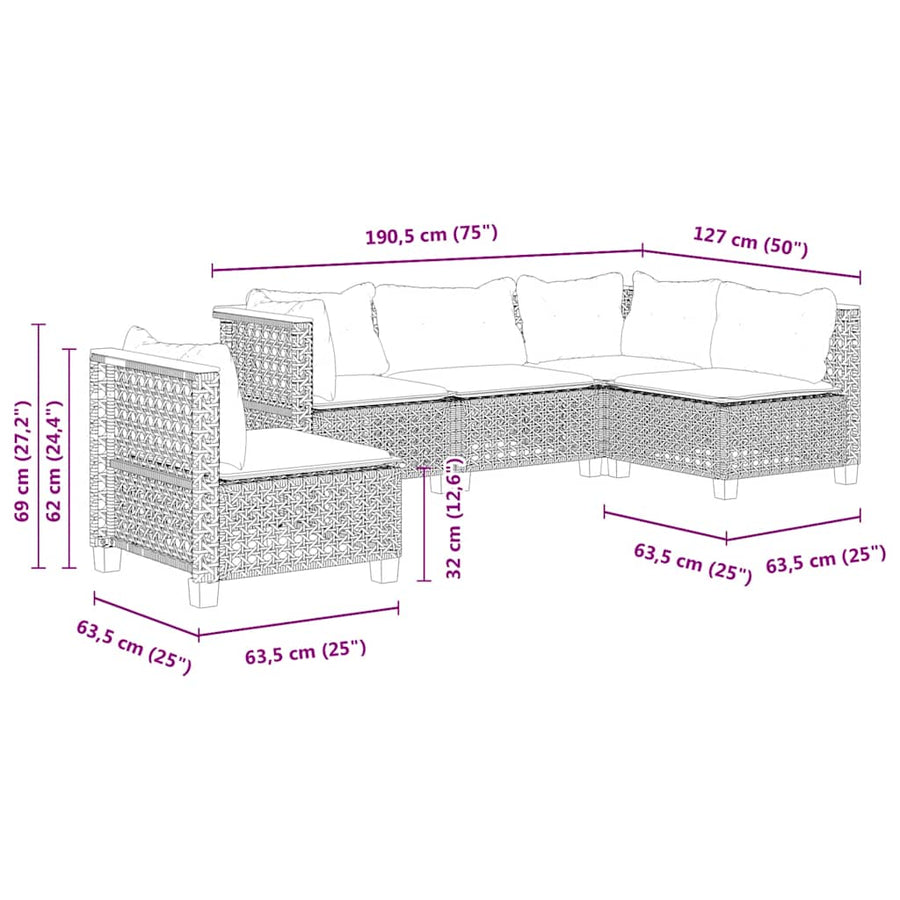 5-Delige Loungeset Met Kussens Poly Rattan Beige 1 gat weven
