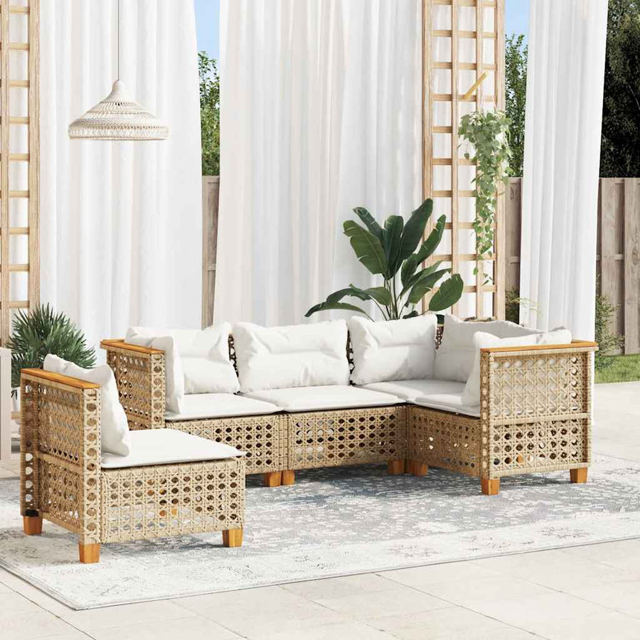 5-Delige Loungeset Met Kussens Poly Rattan Beige 1 gat weven
