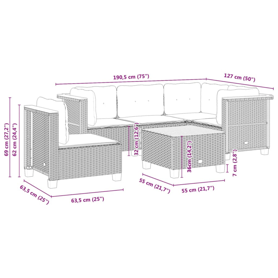 6-delige Loungeset met kussens poly rattan zwart