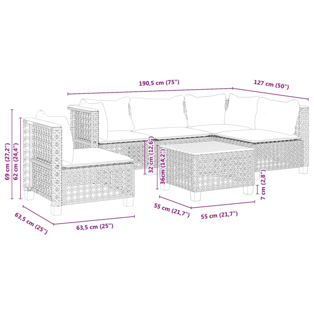 6-delige Loungeset met kussens poly rattan grijs