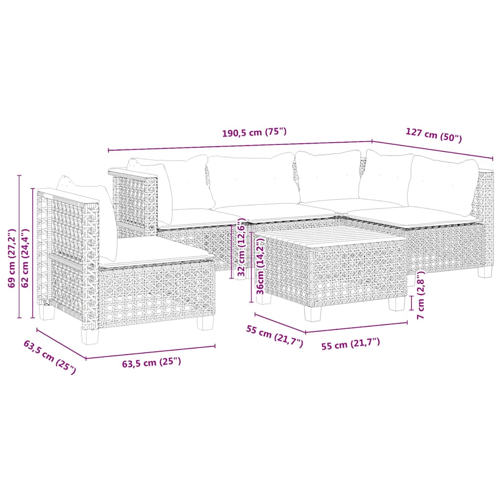 6-Delige Loungeset Met Kussens Poly Rattan Beige 1 gat weven