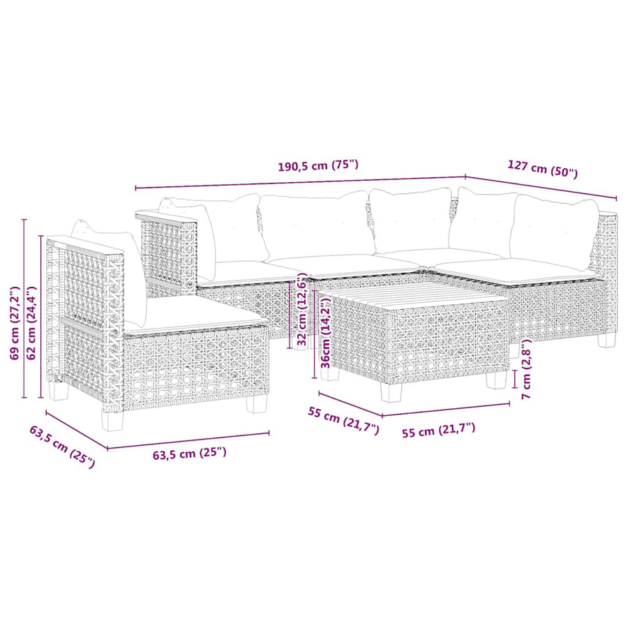 6-Delige Loungeset Met Kussens Poly Rattan Beige 1 gat weven