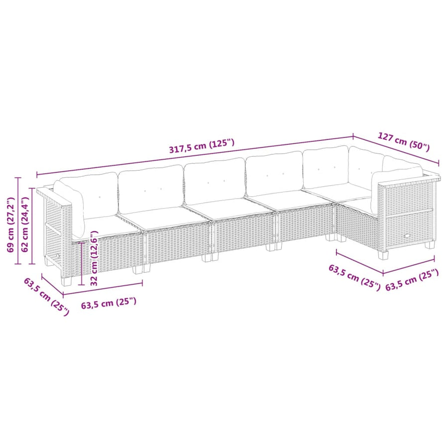 6-delige Loungeset met kussens poly rattan zwart