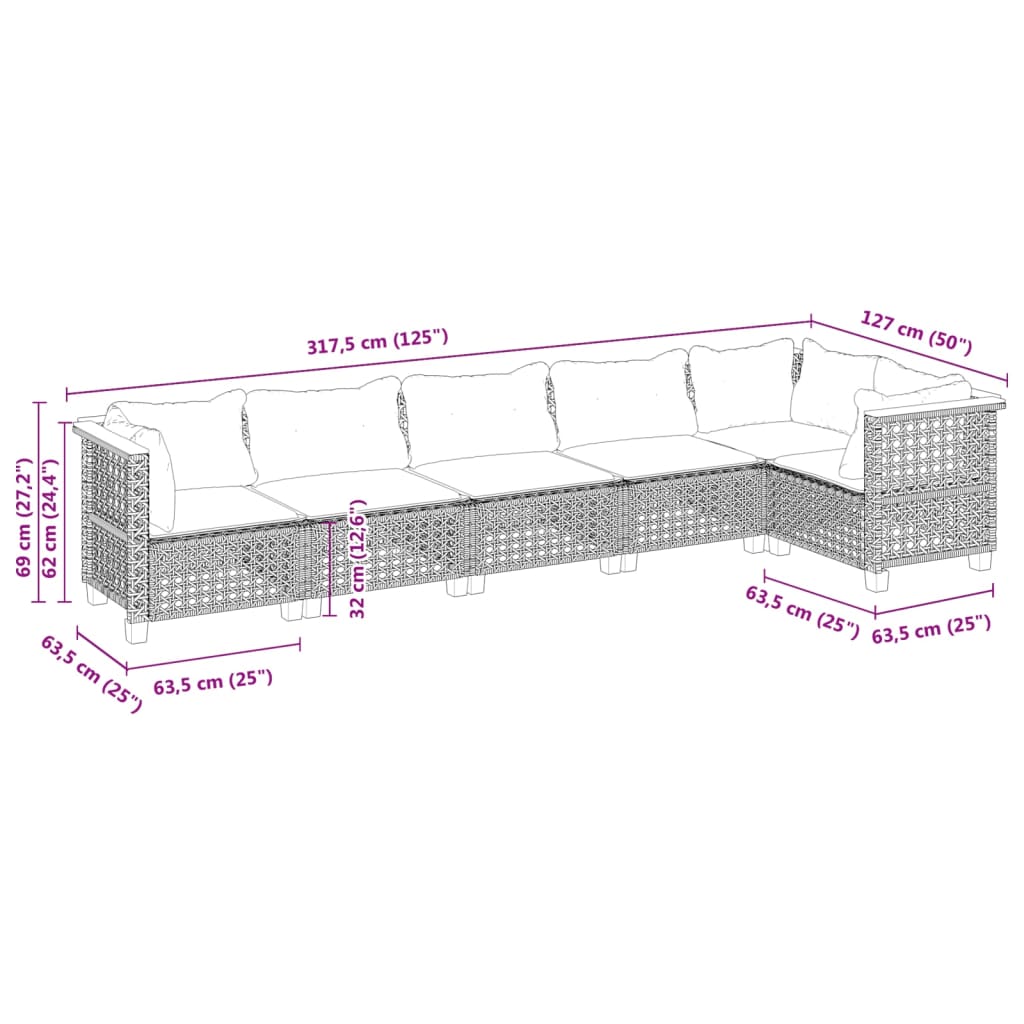 6-delige Loungeset met kussens poly rattan grijs
