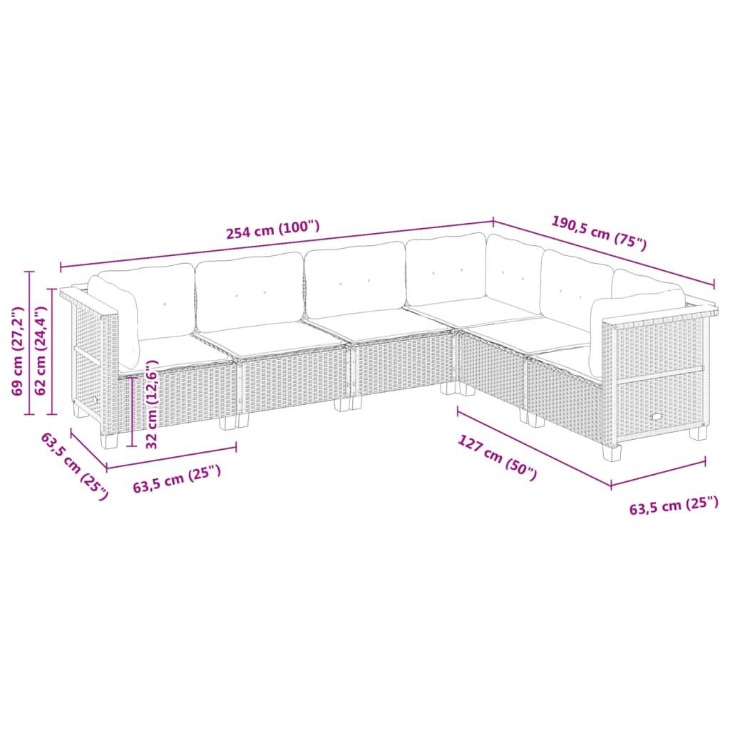 6-delige Loungeset met kussens poly rattan zwart
