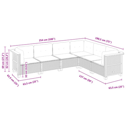 6-delige Loungeset met kussens poly rattan zwart
