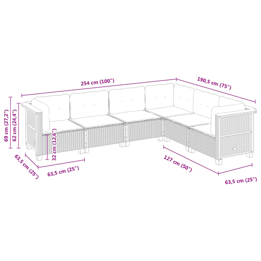 6-delige Loungeset met kussens poly rattan zwart